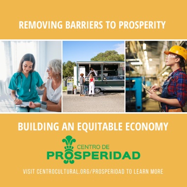 An ad for Centro de Prosperidad with an image of a nurse, a food truck, and a construction worker.
